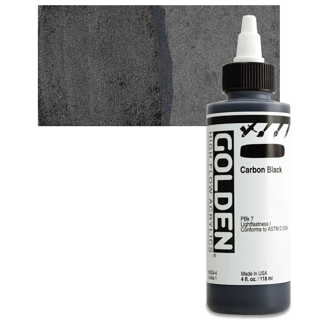 Open in modal - Golden High Flow Acrylic Paint - Carbon Black, 4 oz bottle and swatch