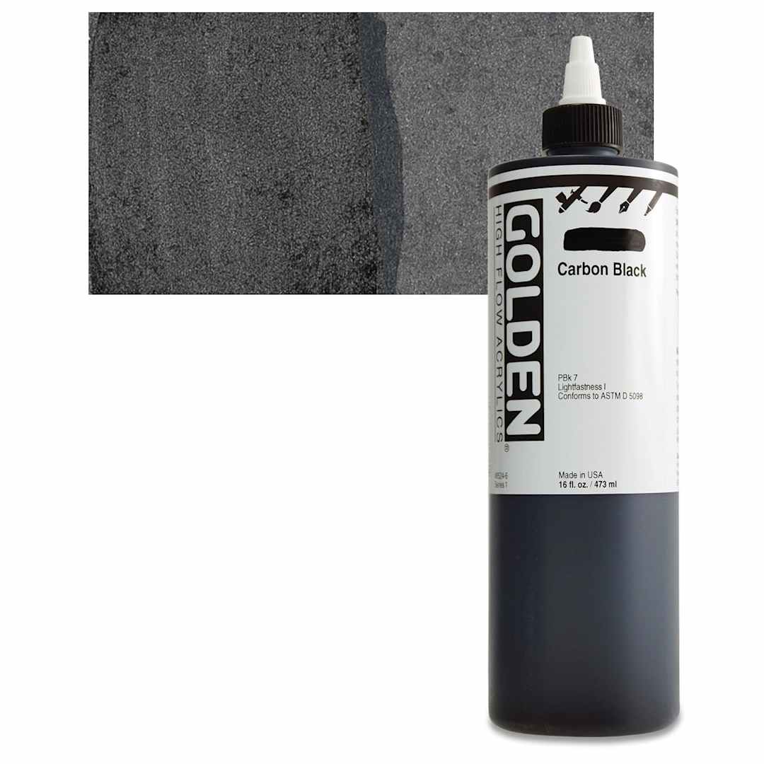 Open in modal - Golden High Flow Acrylic Paint - Carbon Black, 16 oz bottle and swatch