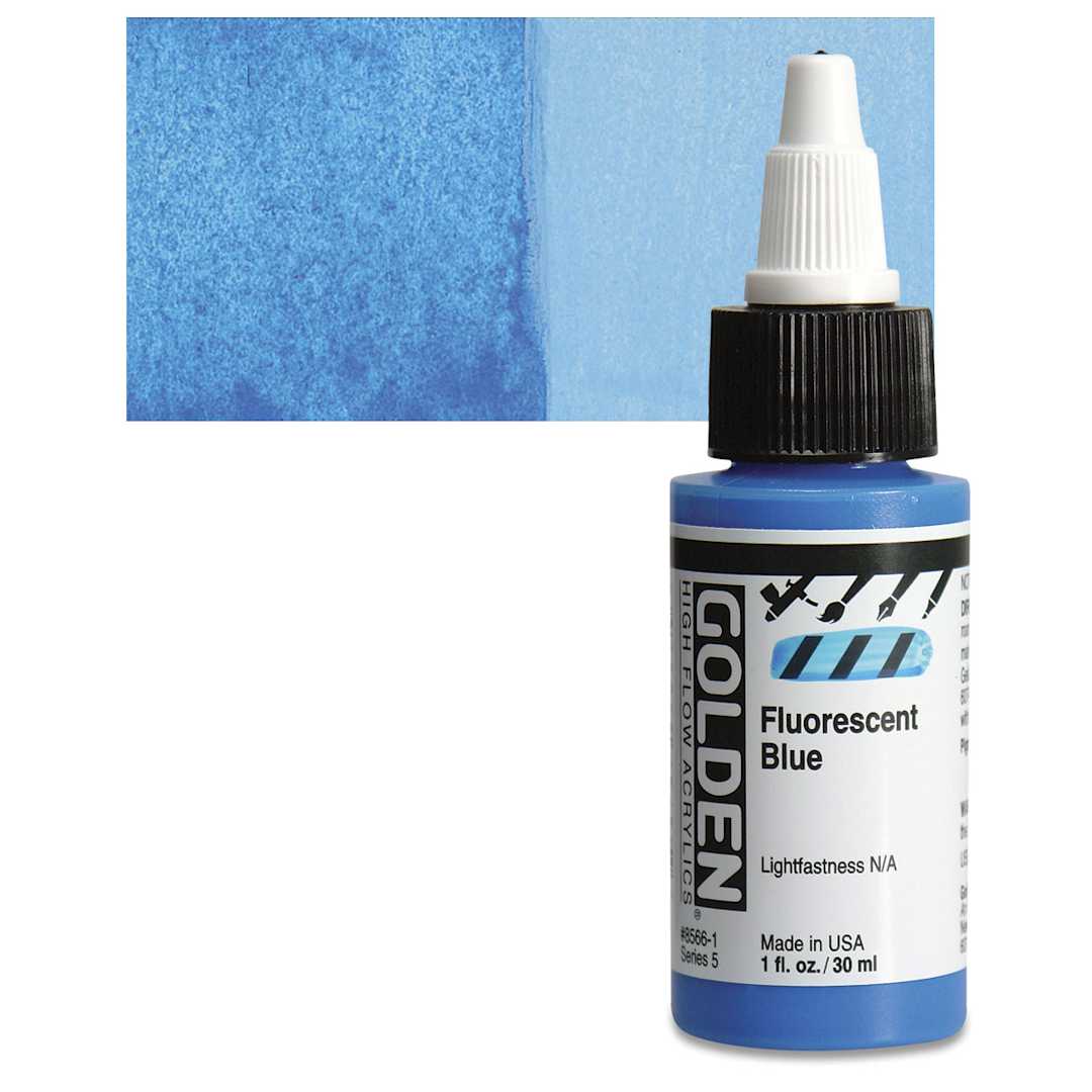 Open in modal - Golden High Flow Acrylic Paint - Fluorescent Blue, 1 oz bottle and swatch