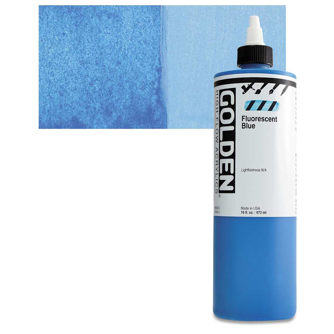 Open in modal - Golden High Flow Acrylic Paint - Fluorescent Blue, 16 oz bottle and swatch