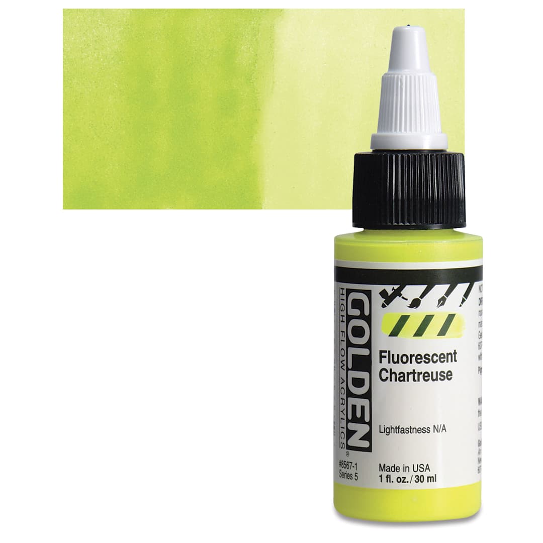 Open in modal - Golden High Flow Acrylic Paint - Fluorescent Chartreuse, 1 oz bottle and swatch