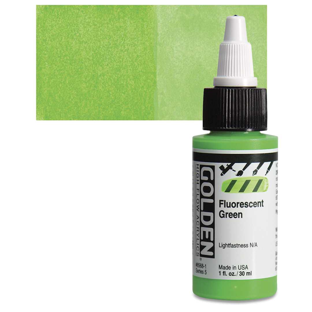 Open in modal - Golden High Flow Acrylic Paint - Fluorescent Green, 1 oz bottle and swatch