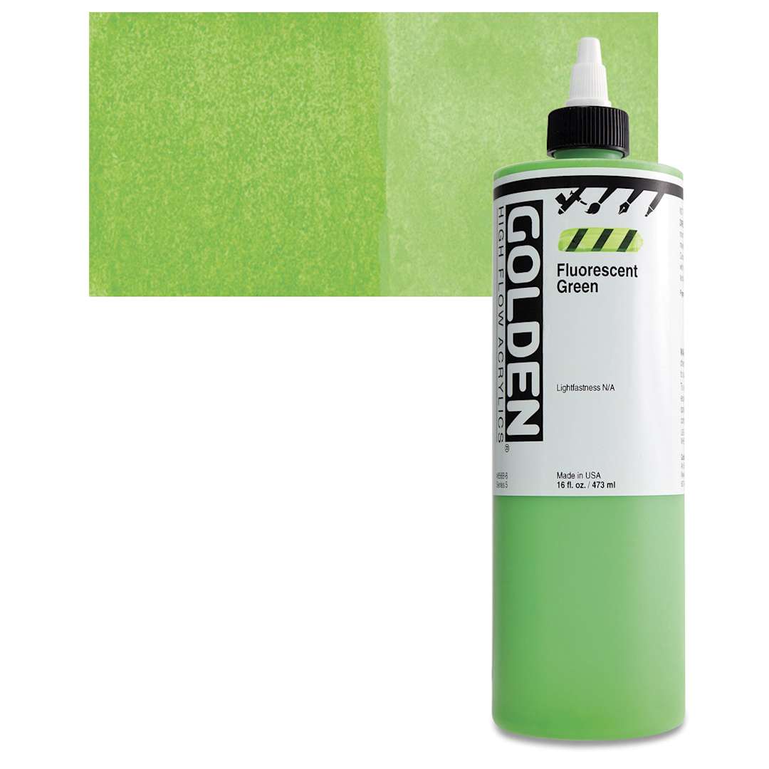 Open in modal - Golden High Flow Acrylic Paint - Fluorescent Green, 16 oz bottle and swatch