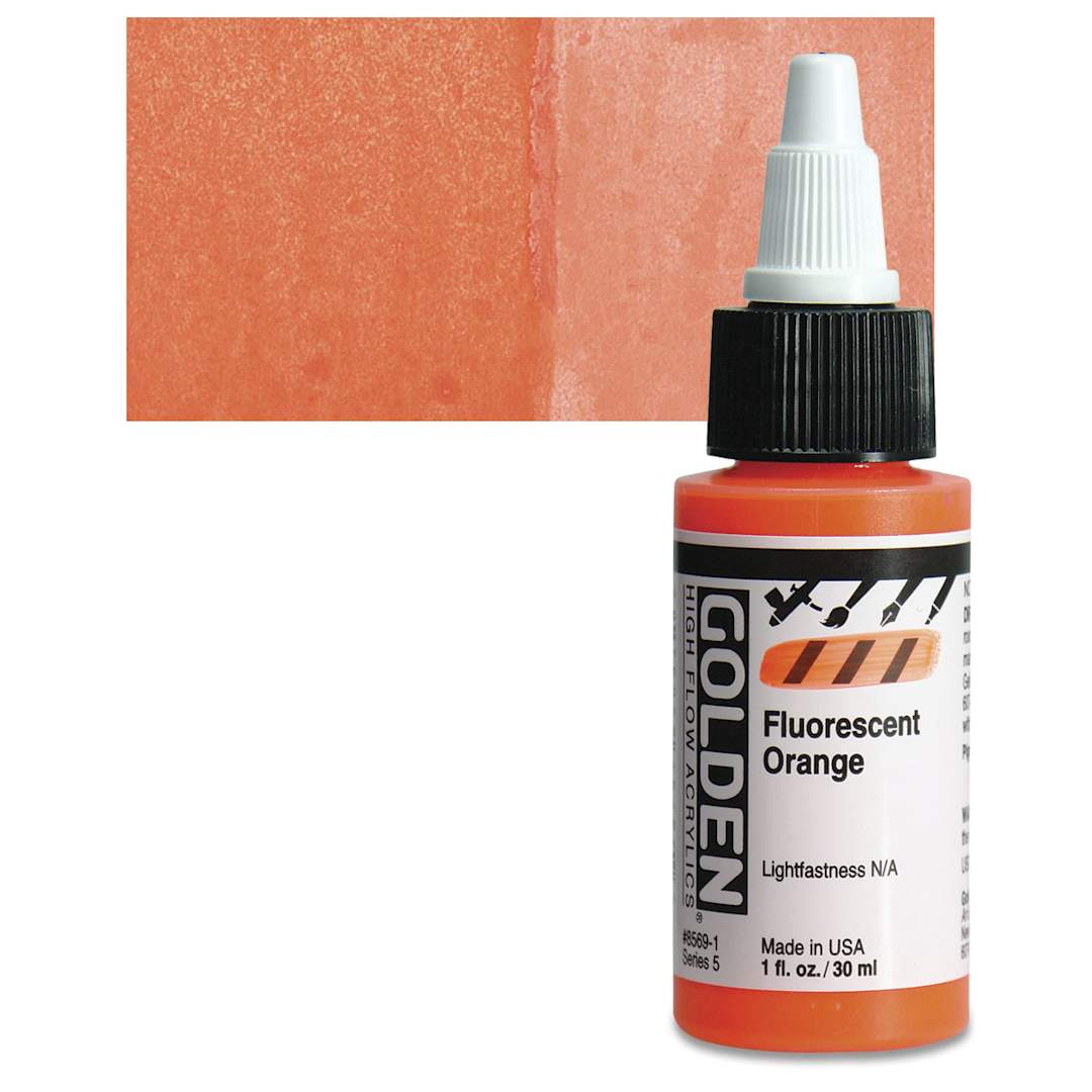 Open in modal - Golden High Flow Acrylic Paint - Fluorescent Orange, 1 oz bottle and swatch