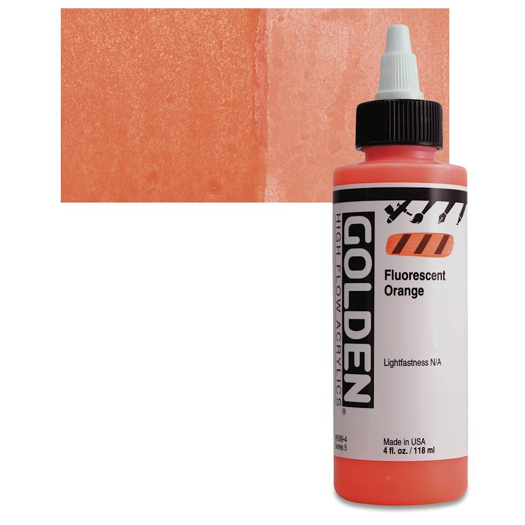 Open in modal - Golden High Flow Acrylic Paint - Fluorescent Orange, 4 oz bottle and swatch