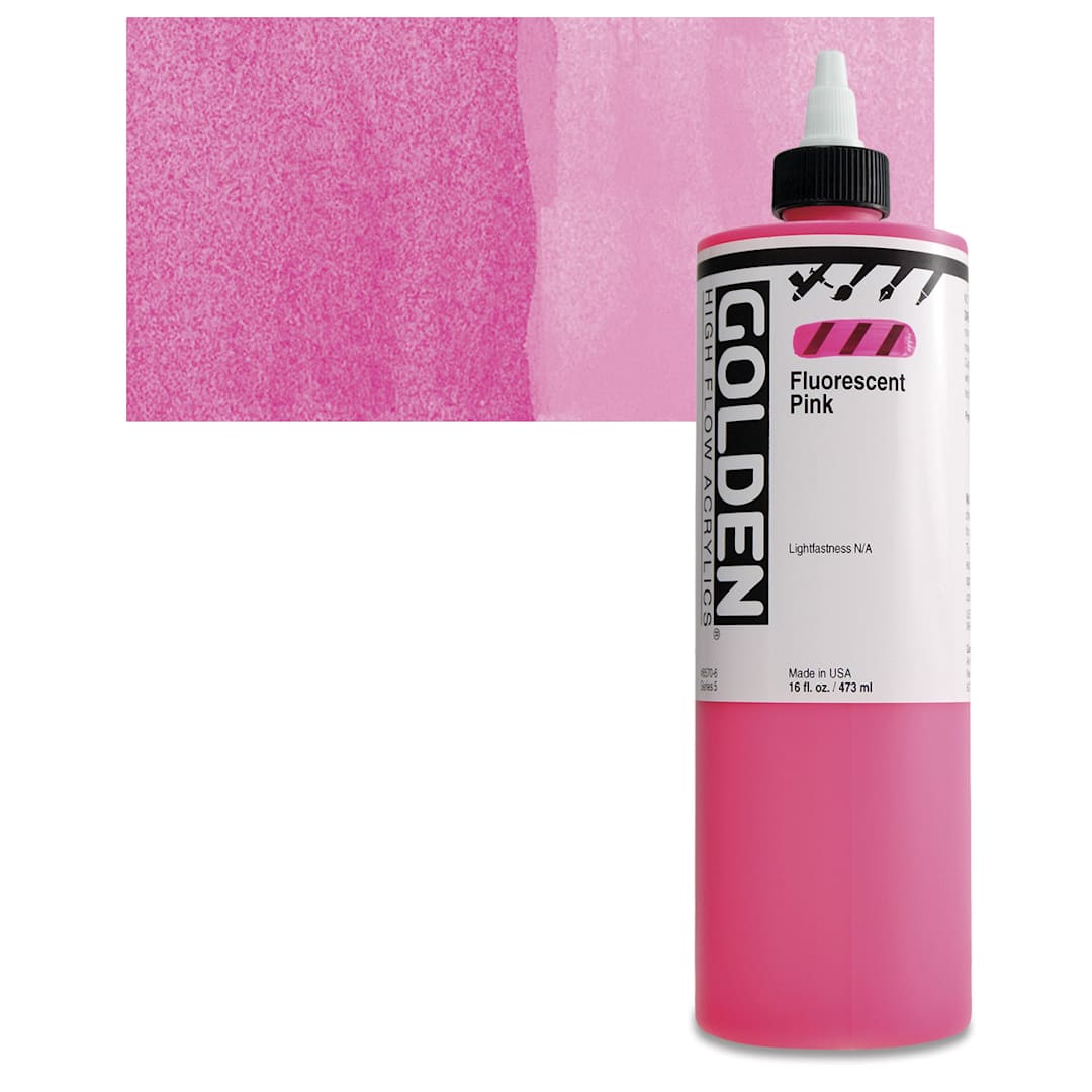 Open in modal - Golden High Flow Acrylic Paint - Fluorescent Pink, 16 oz bottle and swatch