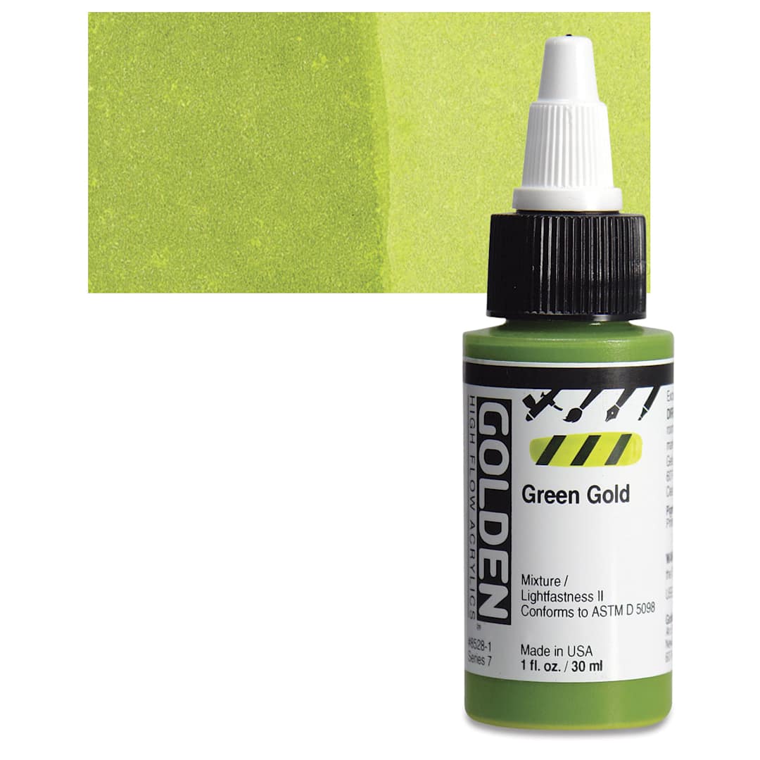 Open in modal - Golden High Flow Acrylic Paint - Green Gold, 1 oz bottle and swatch