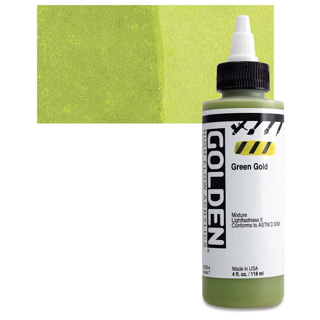 Open in modal - Golden High Flow Acrylic Paint - Green Gold, 4 oz bottle and swatch