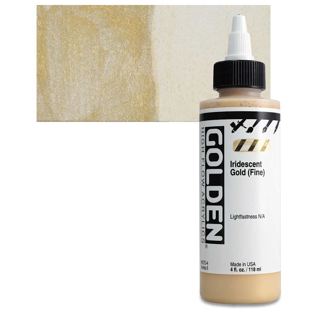 Open in modal - Golden High Flow Acrylic Paint - Iridescent Gold (Fine), 4 oz bottle and swatch