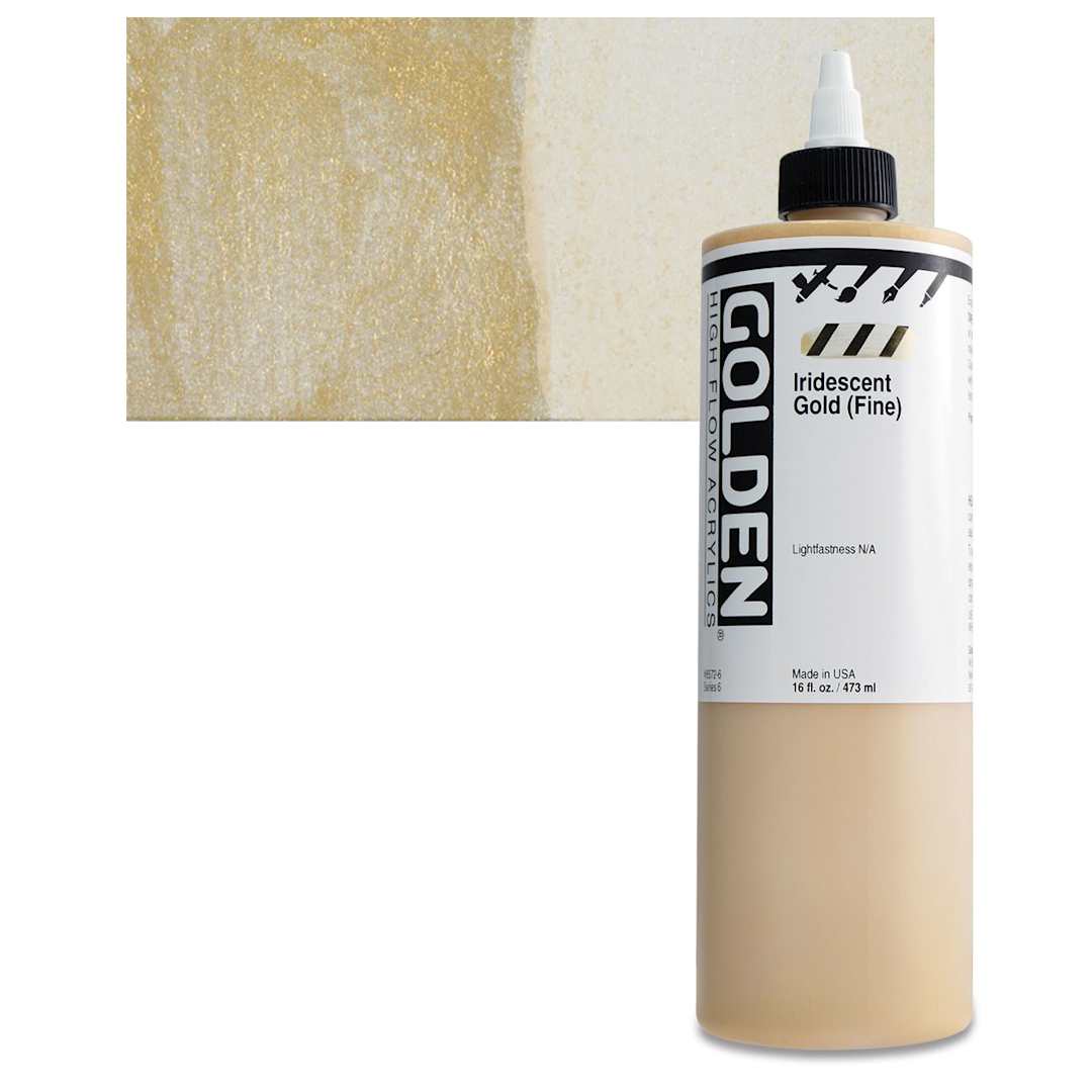 Open in modal - Golden High Flow Acrylic Paint - Iridescent Gold (Fine), 16 oz bottle and swatch
