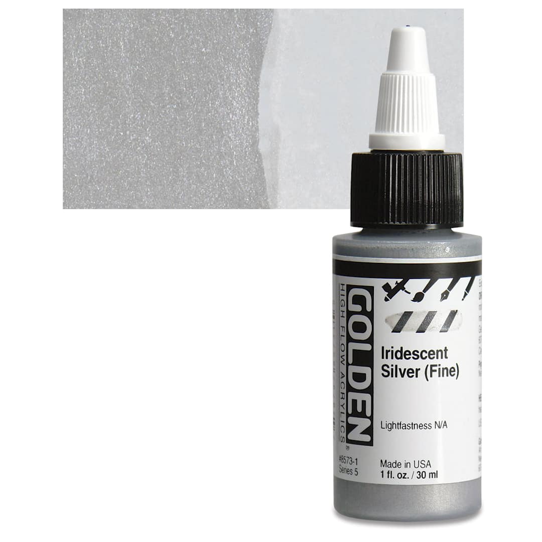 Open in modal - Golden High Flow Acrylic Paint - Iridescent Silver (Fine), 1 oz bottle and swatch