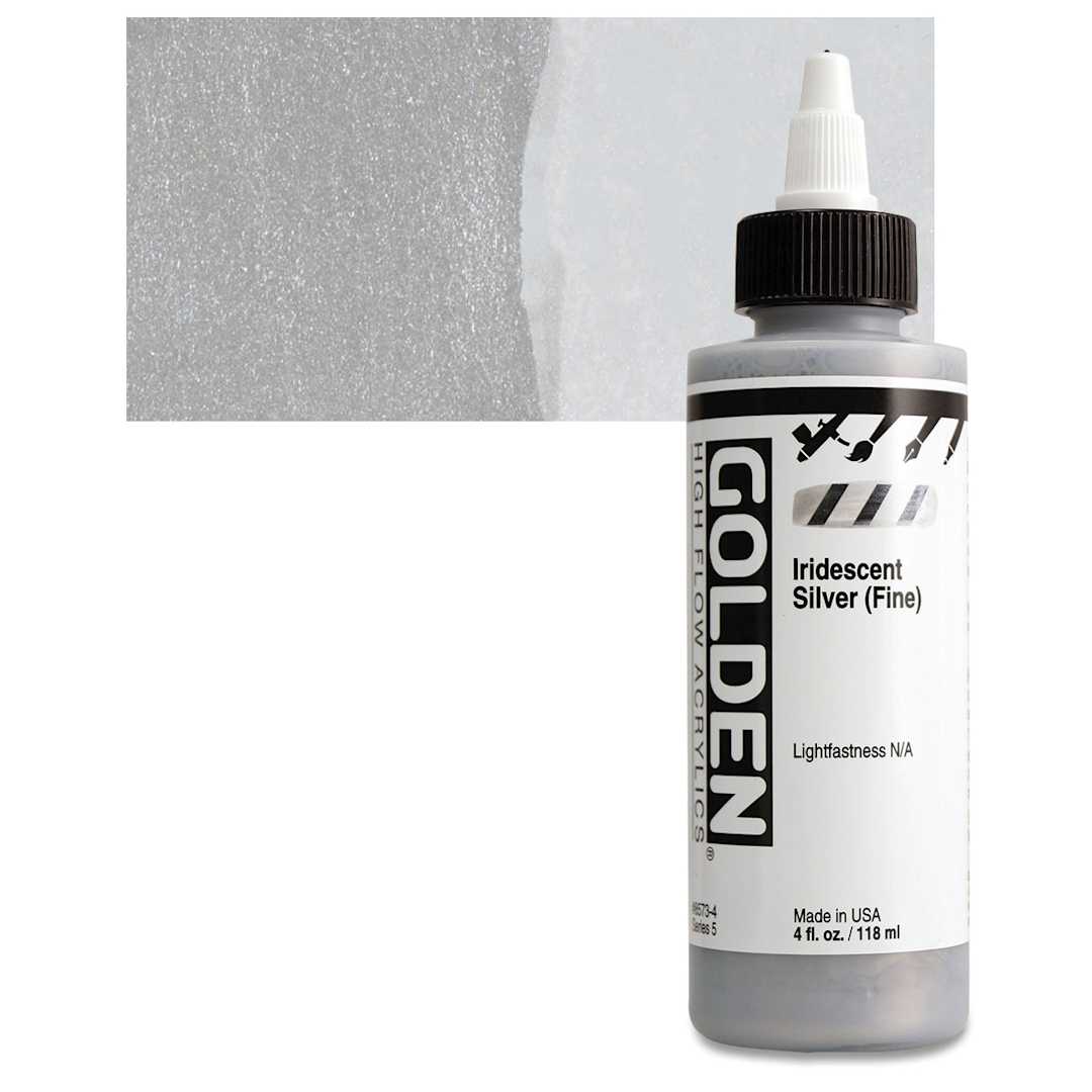 Open in modal - Golden High Flow Acrylic Paint - Iridescent Silver (Fine), 4 oz bottle and swatch