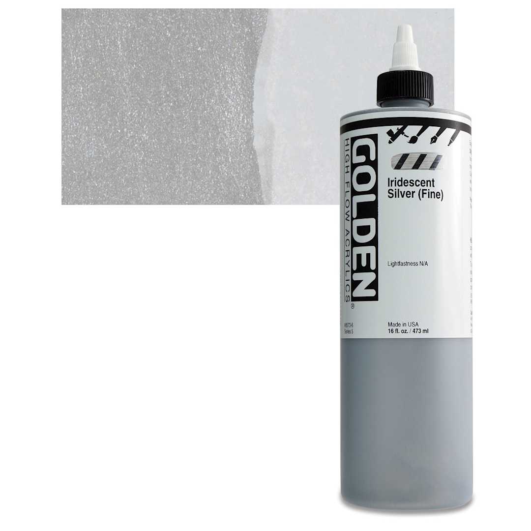 Open in modal - Golden High Flow Acrylic Paint - Iridescent Silver (Fine), 16 oz bottle and swatch