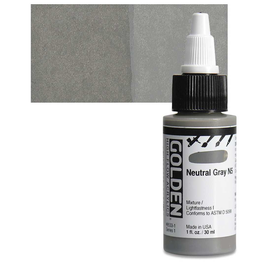 Open in modal - Golden High Flow Acrylic Paint - Neutral Gray N5, 1 oz bottle and swatch