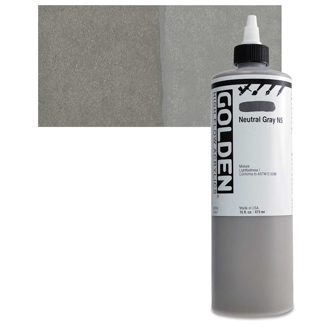 Open in modal - Golden High Flow Acrylic Paint - Neutral Gray N5, 16 oz bottle and swatch