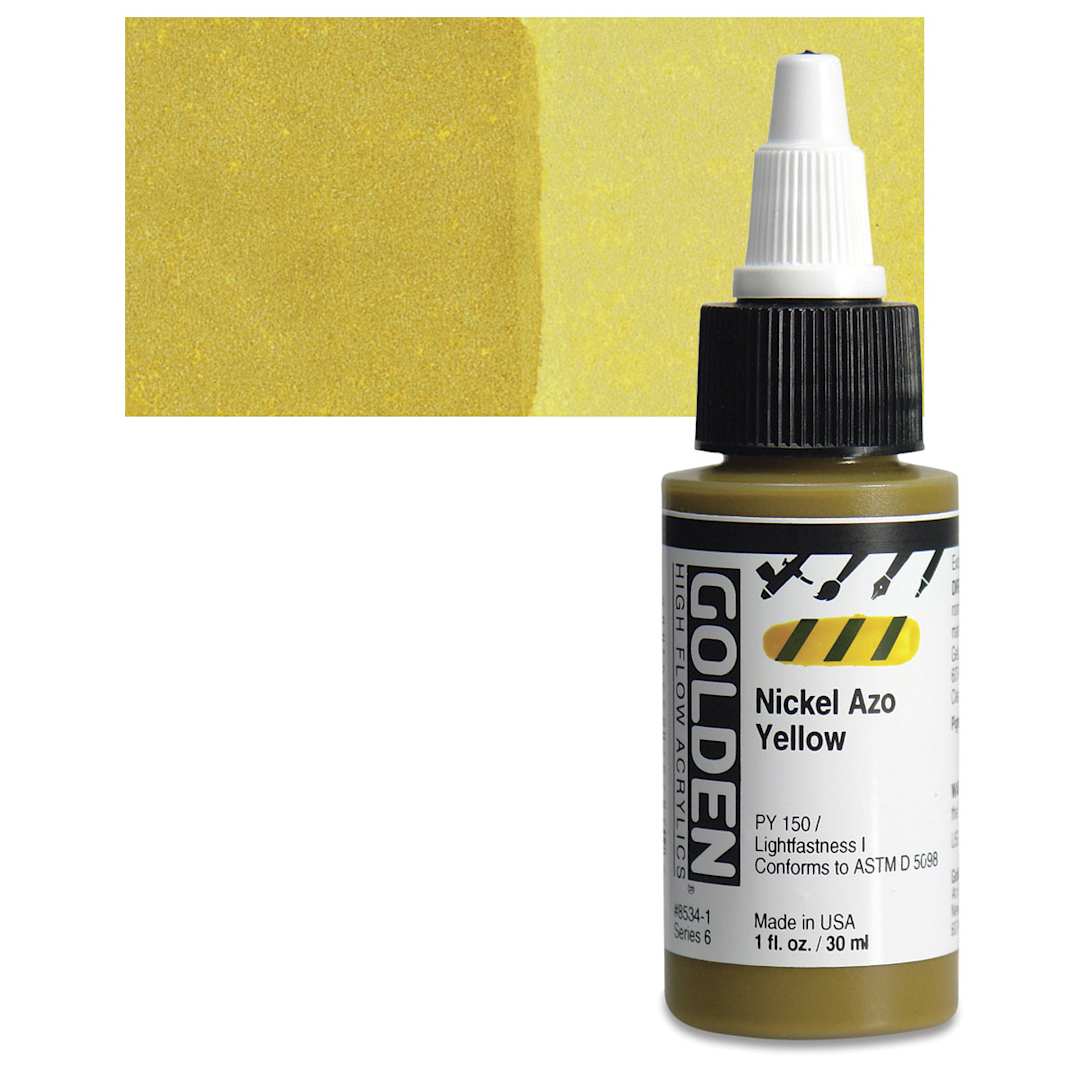 Open in modal - Golden High Flow Acrylic Paint - Nickel Azo Yellow, 1 oz bottle and swatch