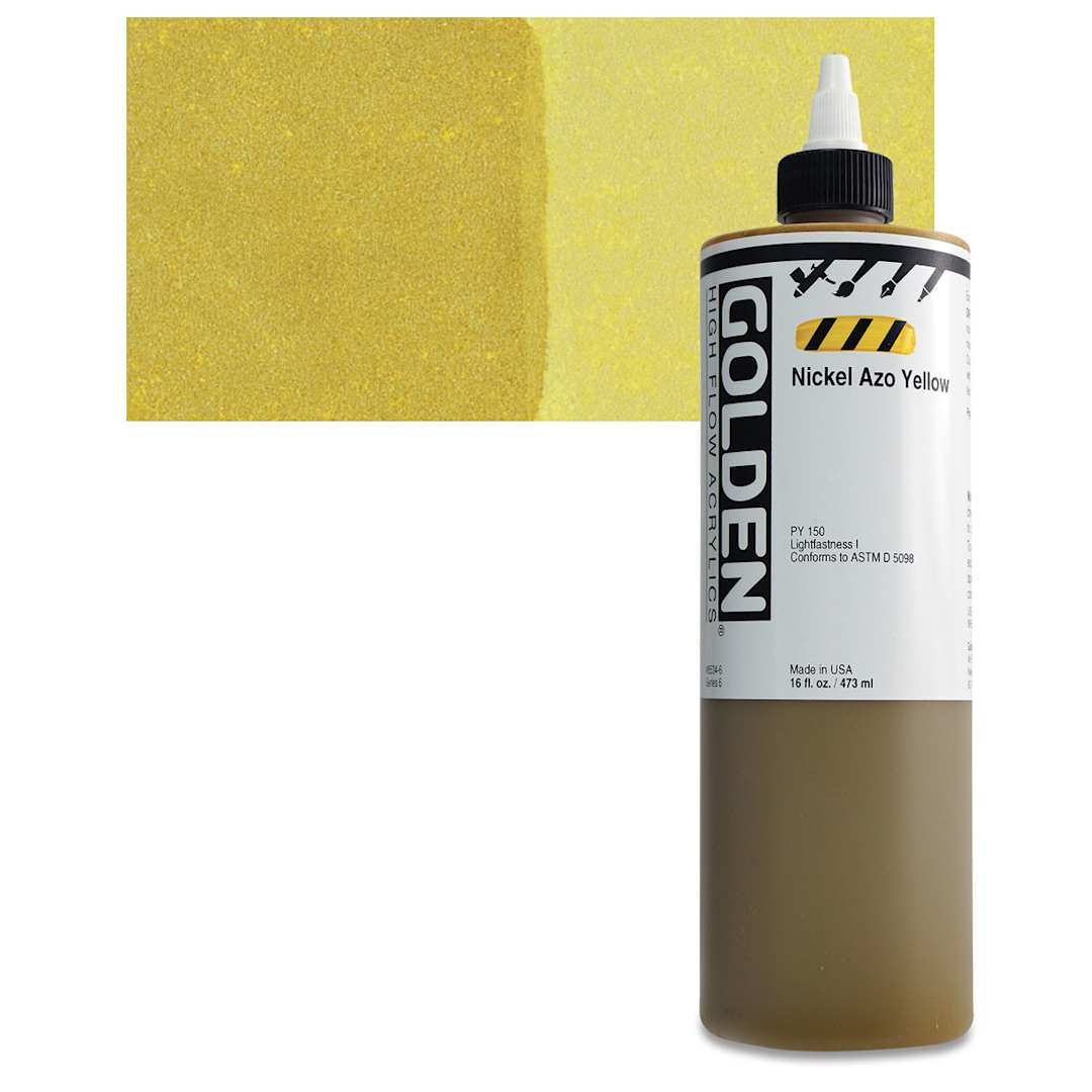 Open in modal - Golden High Flow Acrylic Paint - Nickel Azo Yellow, 16 oz bottle and swatch