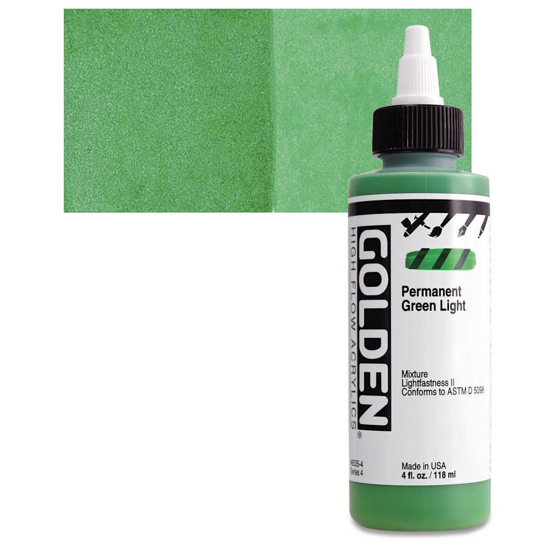 Open in modal - Golden High Flow Acrylic Paint - Permanent Green Light, 4 oz bottle and swatch