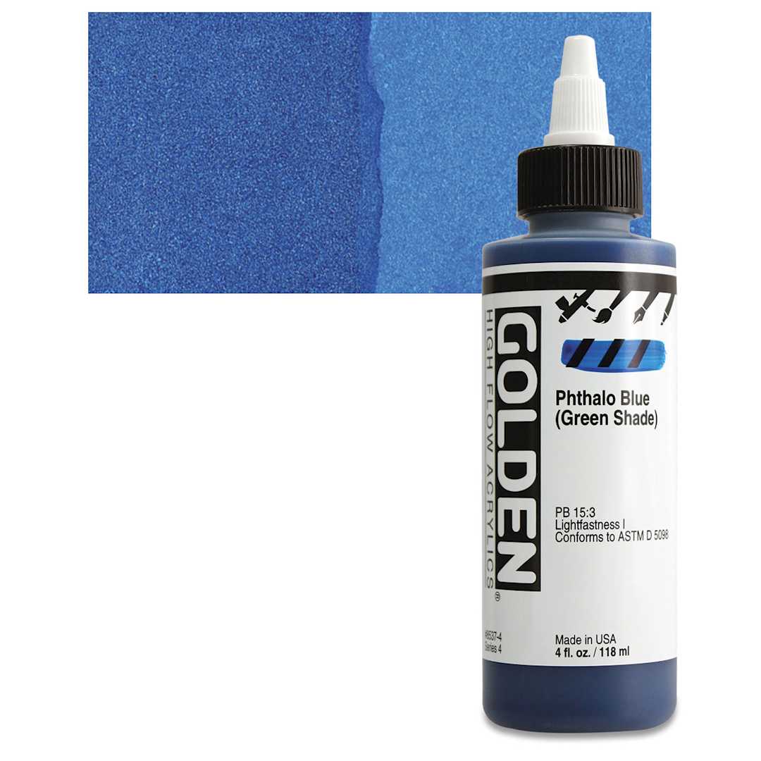 Open in modal - Golden High Flow Acrylic Paint - Phthalo Blue (Green Shade) 4 oz bottle and swatch