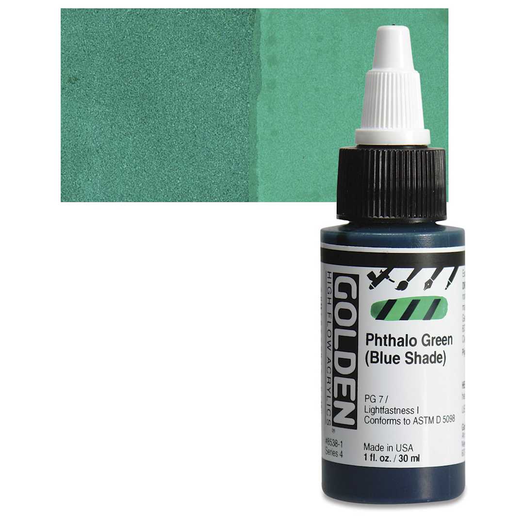 Open in modal - Golden High Flow Acrylic Paint - Phthalo Green (Blue Shade), 1 oz bottle and swatch