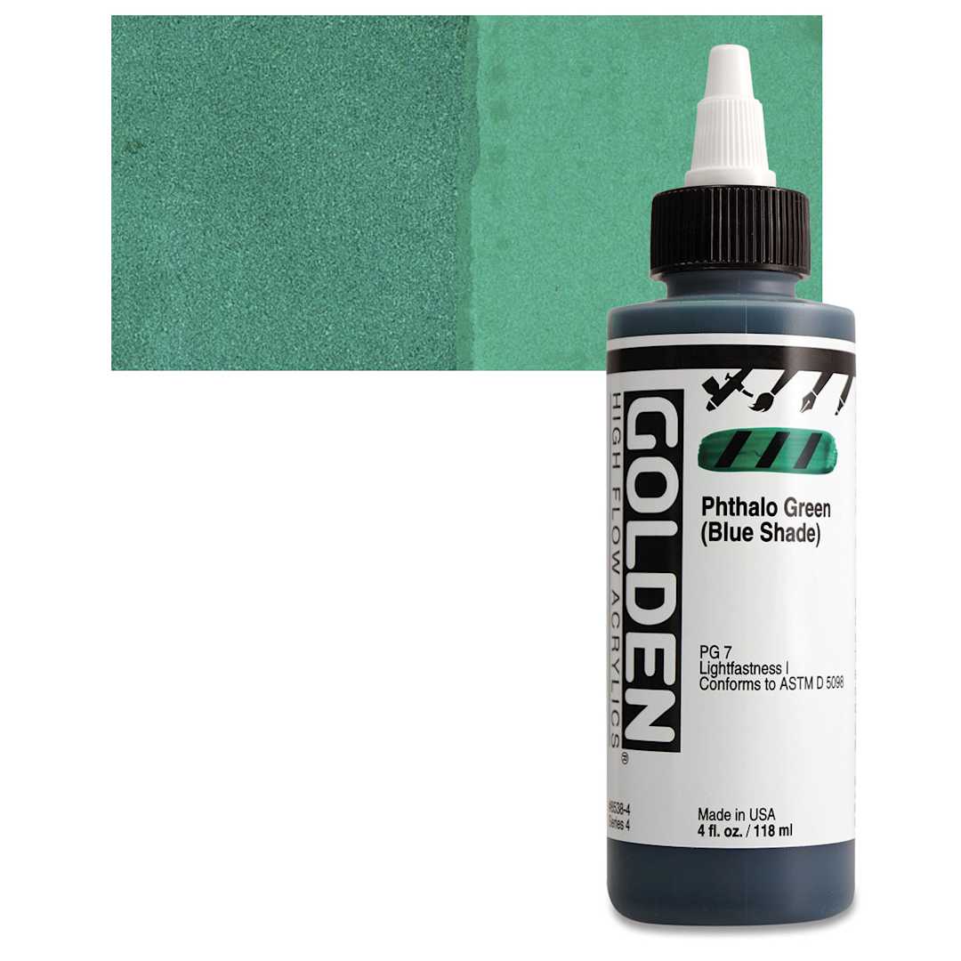Open in modal - Golden High Flow Acrylic Paint - Phthalo Green (Blue Shade), 4 oz bottle and swatch