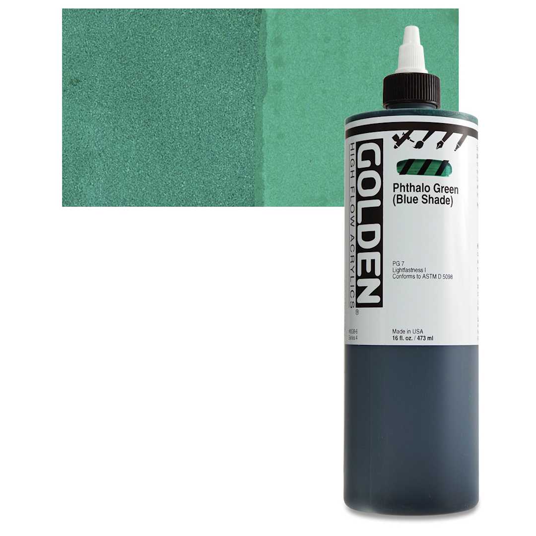 Open in modal - Golden High Flow Acrylic Paint - Phthalo Green (Blue Shade), 16 oz bottle and swatch