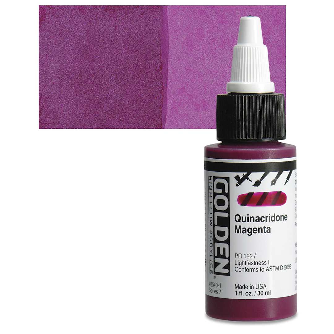 Open in modal - Golden High Flow Acrylic Paint - Quinacridone Magenta, 1 oz bottle and swatch
