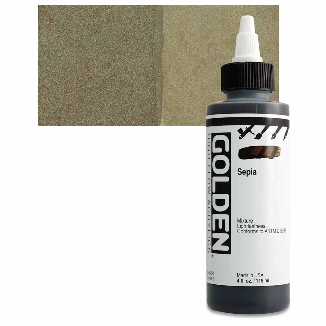 Open in modal - Golden High Flow Acrylic Paint - Sepia, 4 oz bottle and swatch