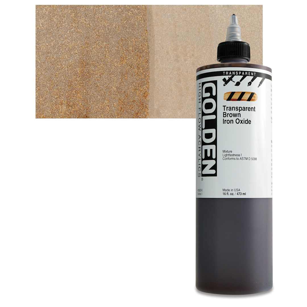 Open in modal - Golden High Flow Acrylic Paint - Transparent Brown Iron Oxide, 16 oz bottle and swatch