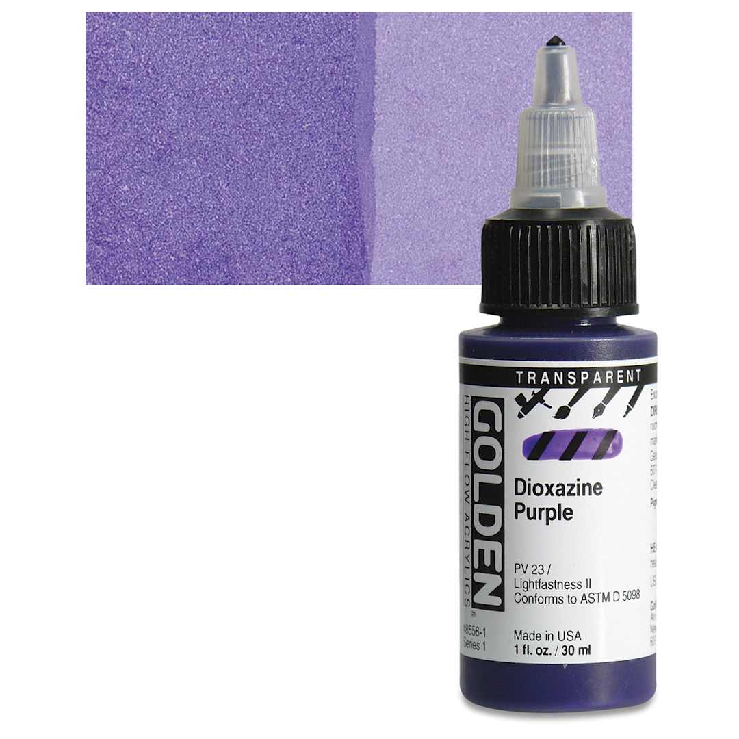 Open in modal - Golden High Flow Acrylic Paint - Transparent Dioxazine Purple, 1 oz bottle and swatch