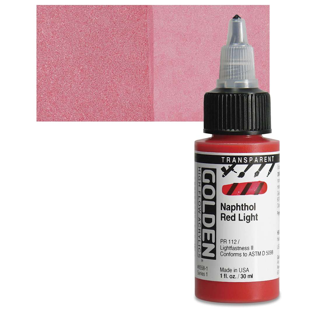 Open in modal - Golden High Flow Acrylic Paint - Transparent Naphthol Red Light, 1 oz bottle and swatch