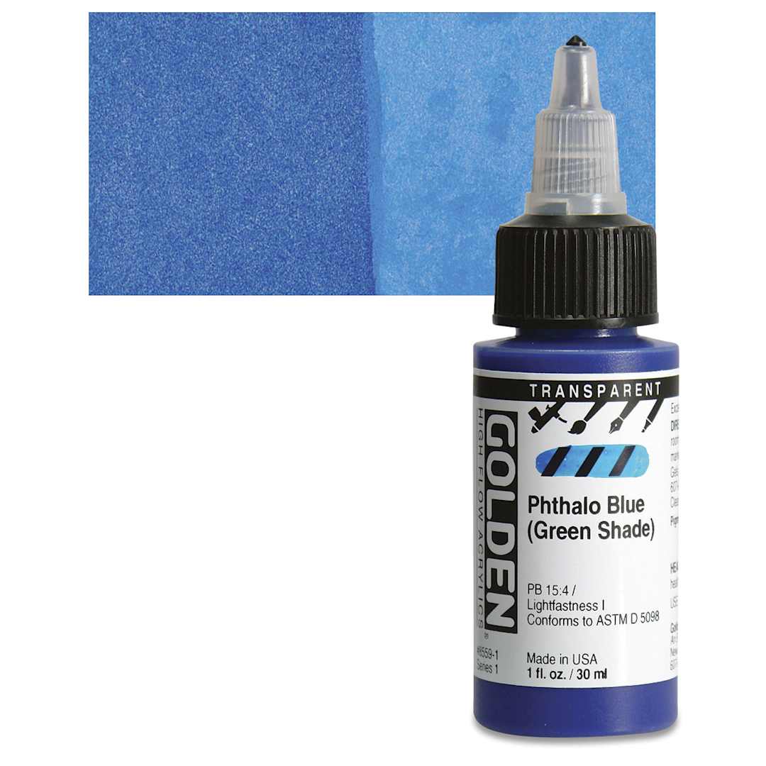 Open in modal - Golden High Flow Acrylic Paint - Transparent Phthalo Blue (Green Shade), 1 oz bottle and swatch