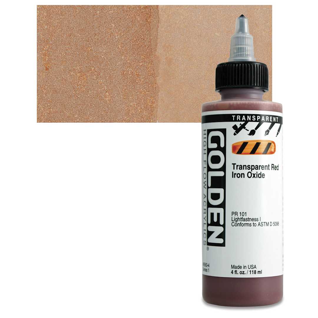 Open in modal - Golden High Flow Acrylic Paint - Transparent Red Iron Oxide, 4 oz bottle and swatch