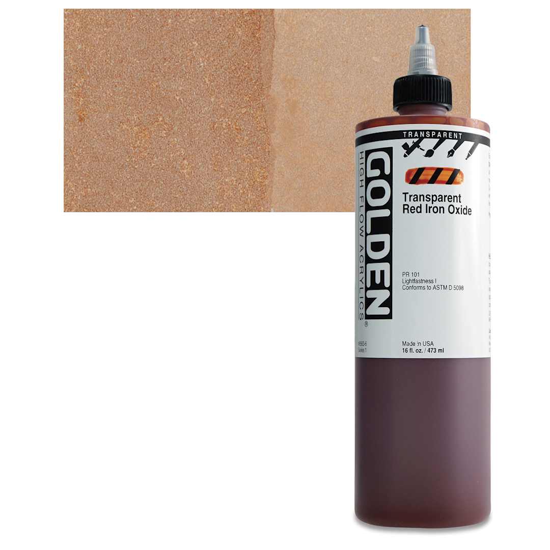 Open in modal - Golden High Flow Acrylic Paint - Transparent Red Iron Oxide, 16 oz bottle and swatch