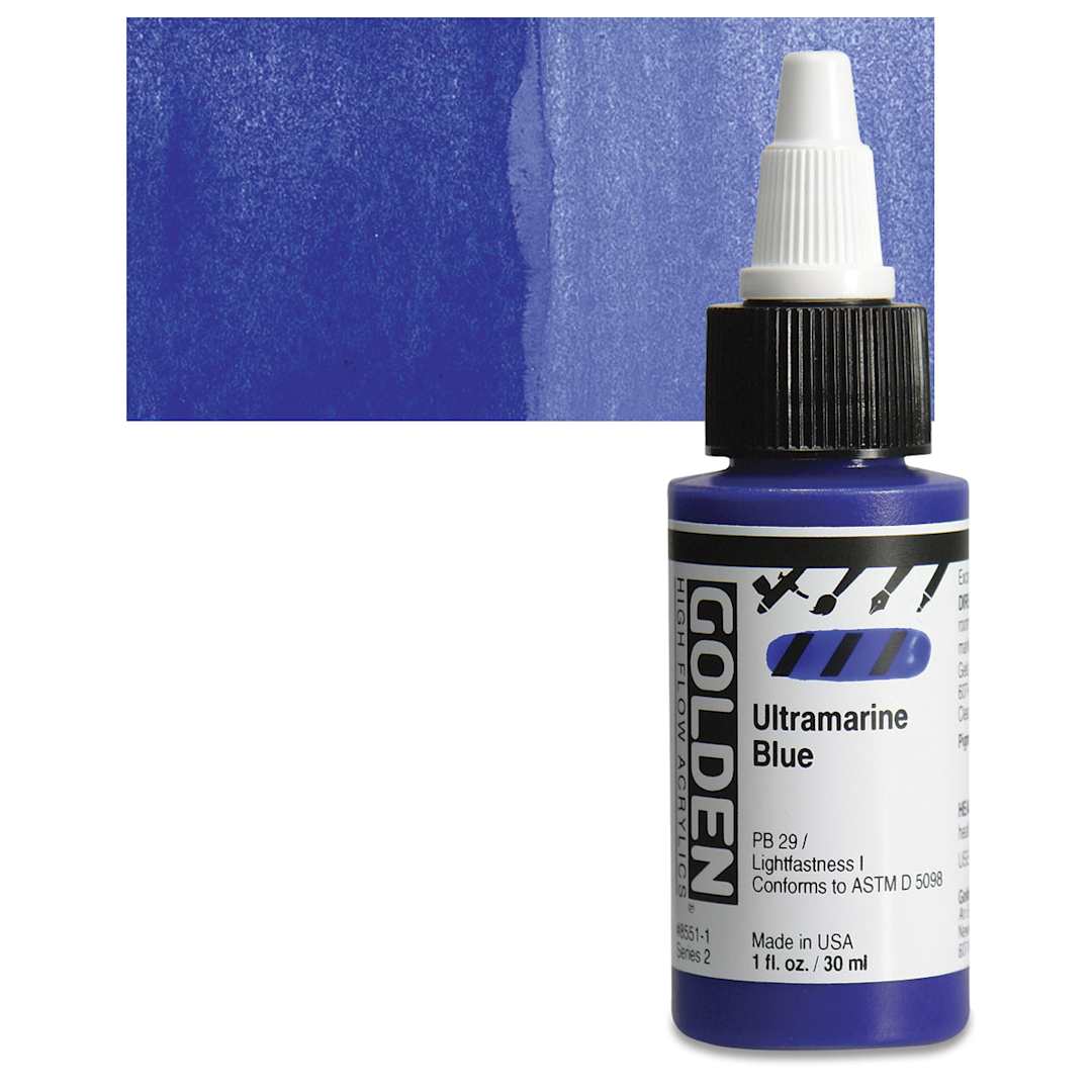 Open in modal - Golden High Flow Acrylic Paint - Ultramarine Blue, 1 oz bottle and swatch