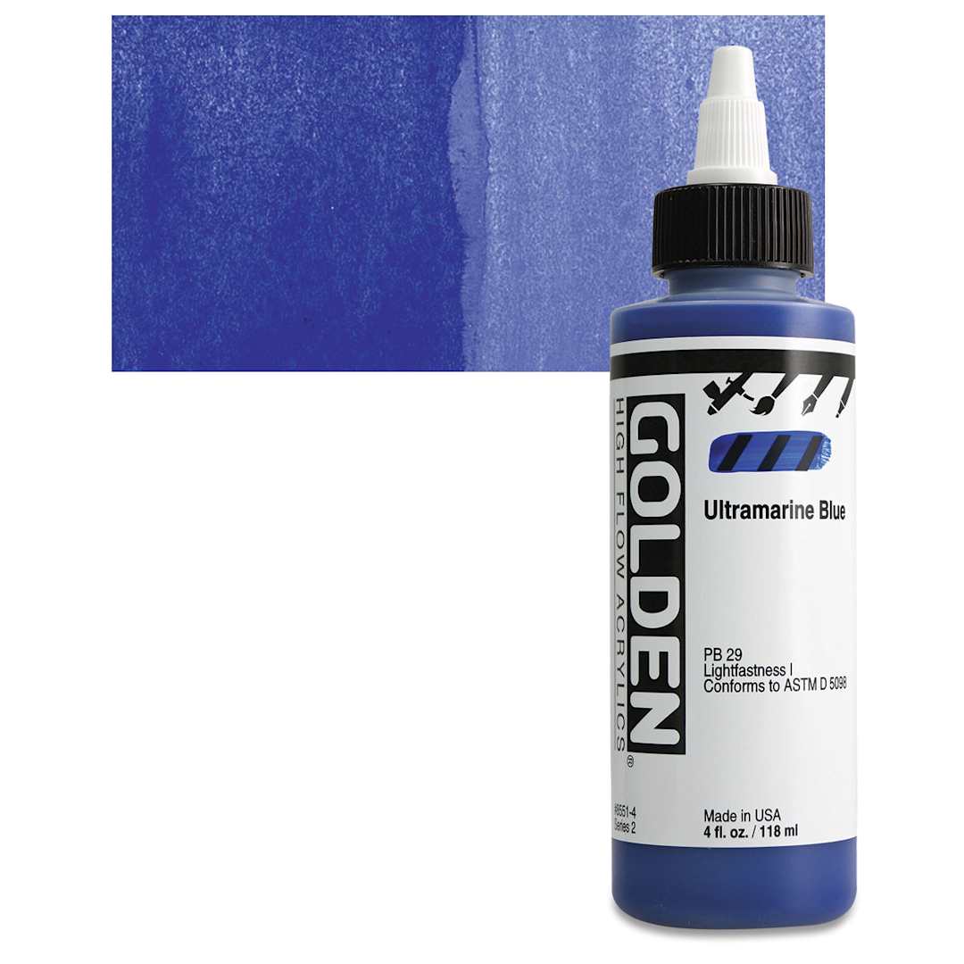 Open in modal - Golden High Flow Acrylic Paint - Ultramarine Blue, 4 oz bottle and swatch