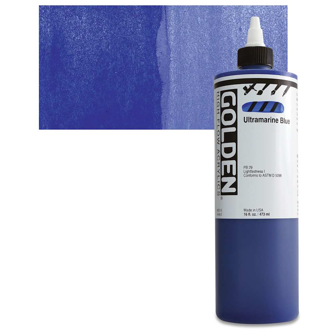 Open in modal - Golden High Flow Acrylic Paint - Ultramarine Blue, 16 oz bottle and swatch