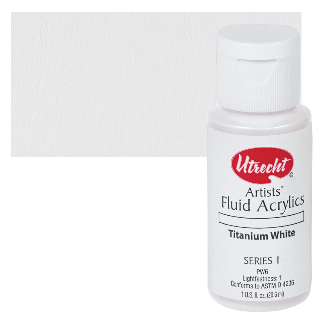 Open in modal - Utrecht Fluid Acrylics - Titanium White, 1 oz bottle with swatch