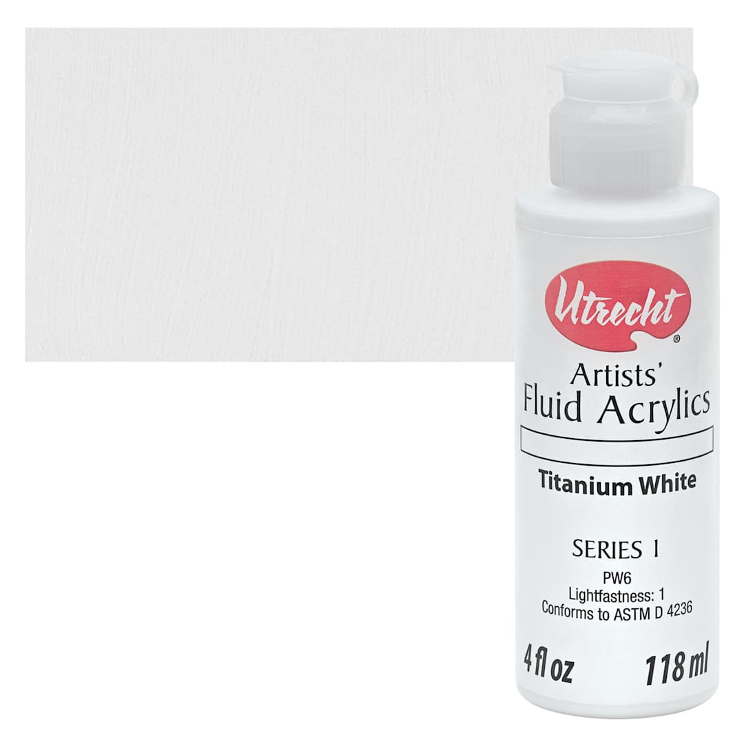 Open in modal - Utrecht Fluid Acrylics - Titanium White, 4 oz bottle and swatch