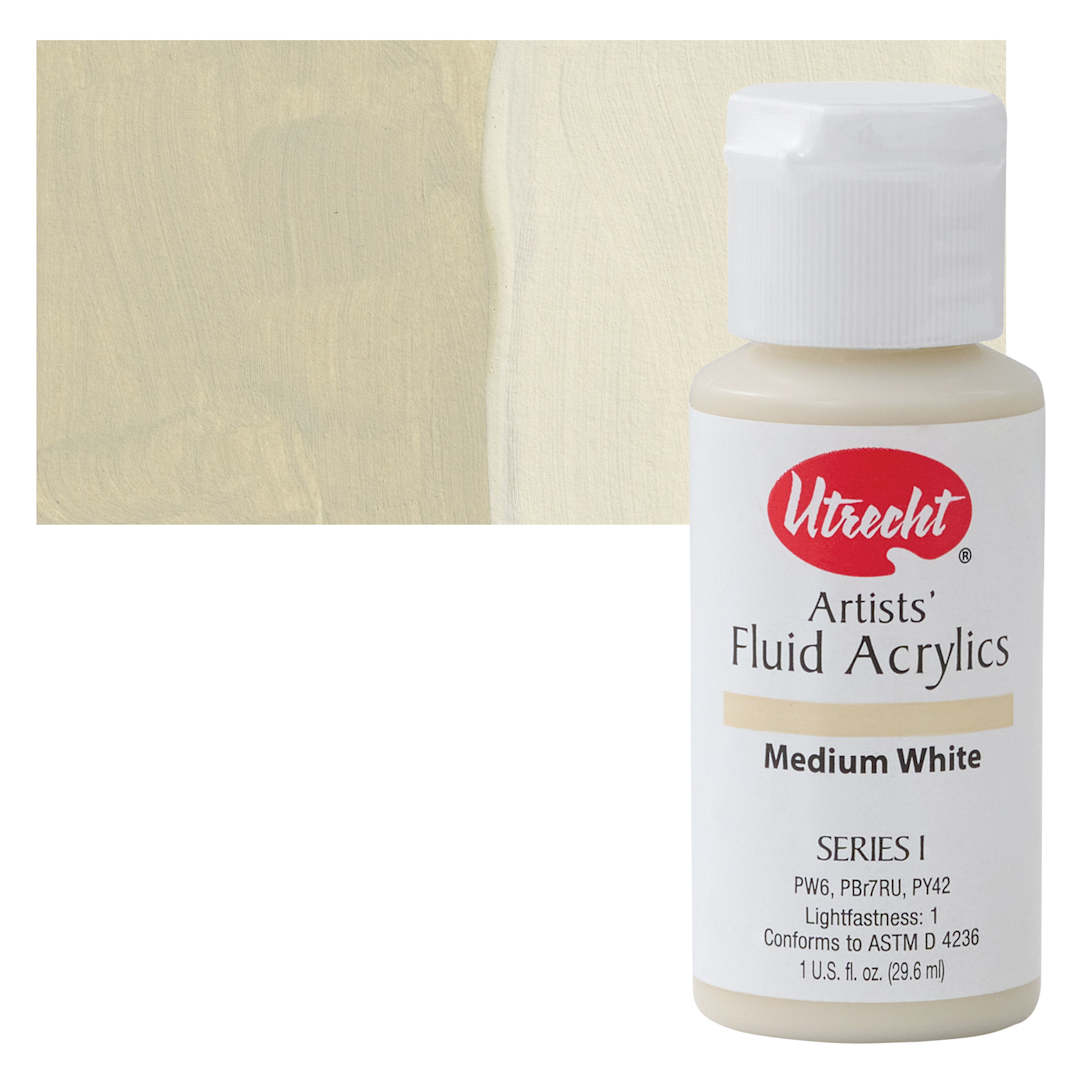 Open in modal - Utrecht Fluid Acrylic Paint - Medium White, 1 oz bottle and swatch