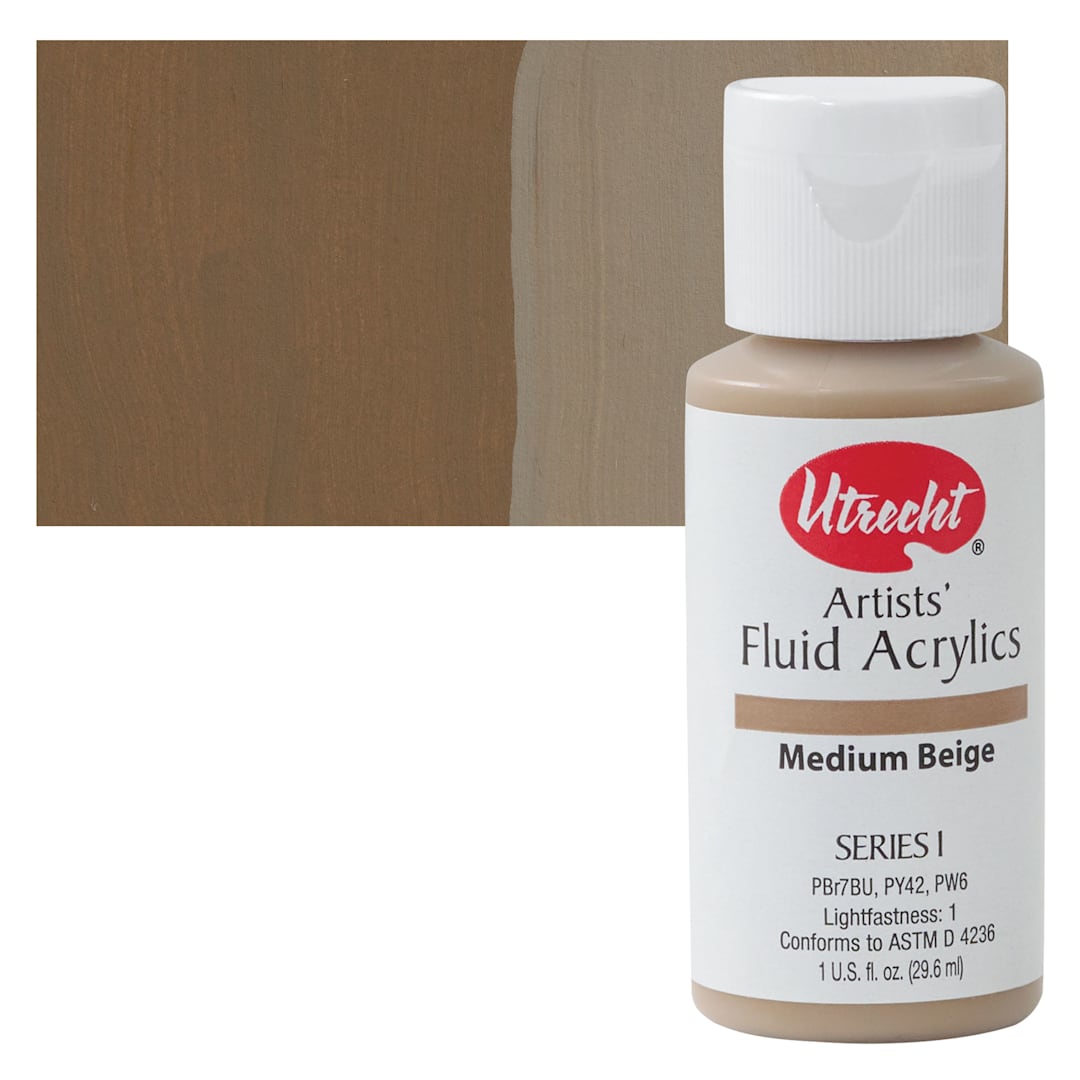 Open in modal - Utrecht Fluid Acrylic Paint - Medium Beige, 1 oz bottle and swatch