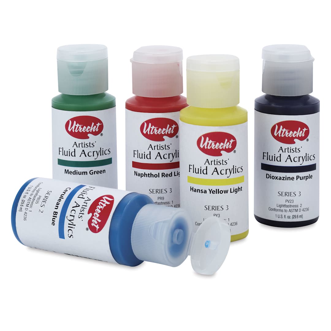 Open in modal - Utrecht Artists' Fluid Acrylic Paints, group of bottles