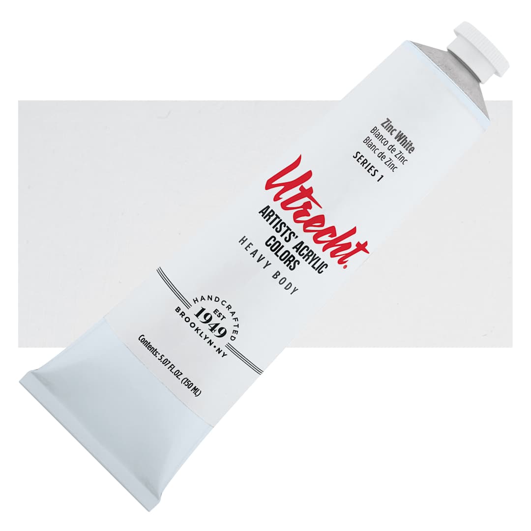 Open in modal - Utrecht Artists' Acrylic Paint - Zinc White, 5 oz Tube and Swatch