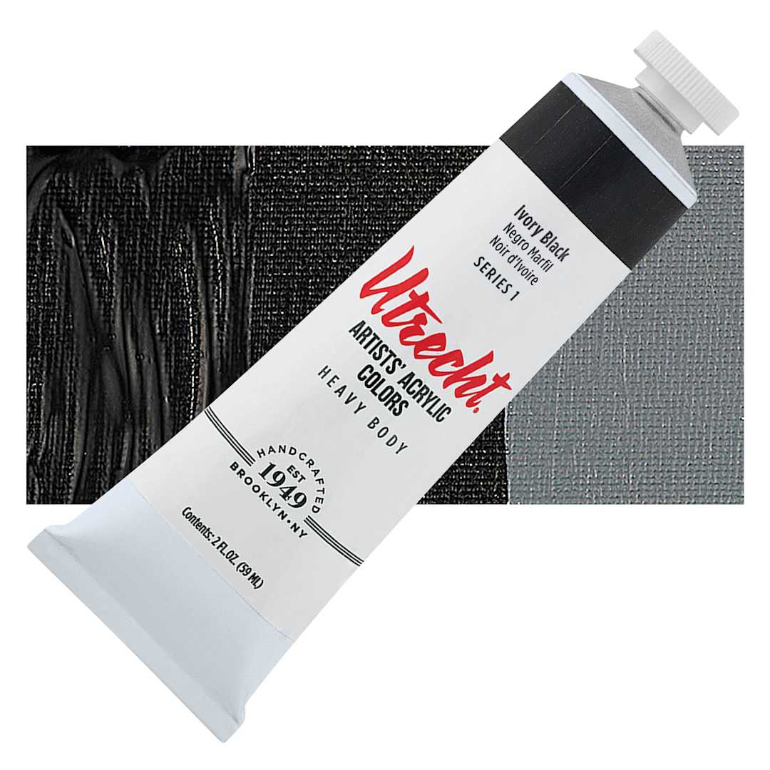 Open in modal - Utrecht Artists' Acrylic Paint - Ivory Black, 2 oz tube and swatch