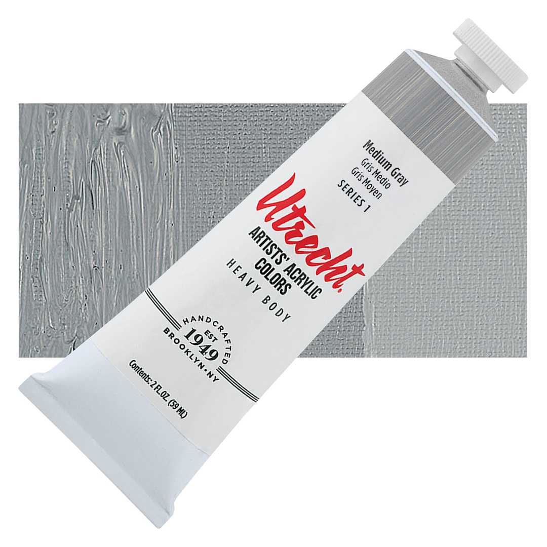 Open in modal - Utrecht Artists' Acrylic Paint - Medium Gray, 2 oz tube and swatch