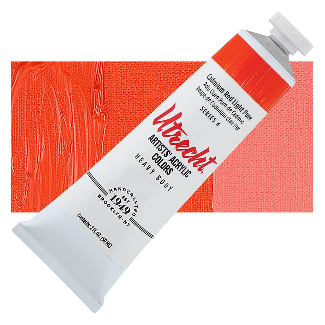 Open in modal - Utrecht Artists' Acrylic Paint - Cadmium Red Light Pure, 2 oz tube and swatch