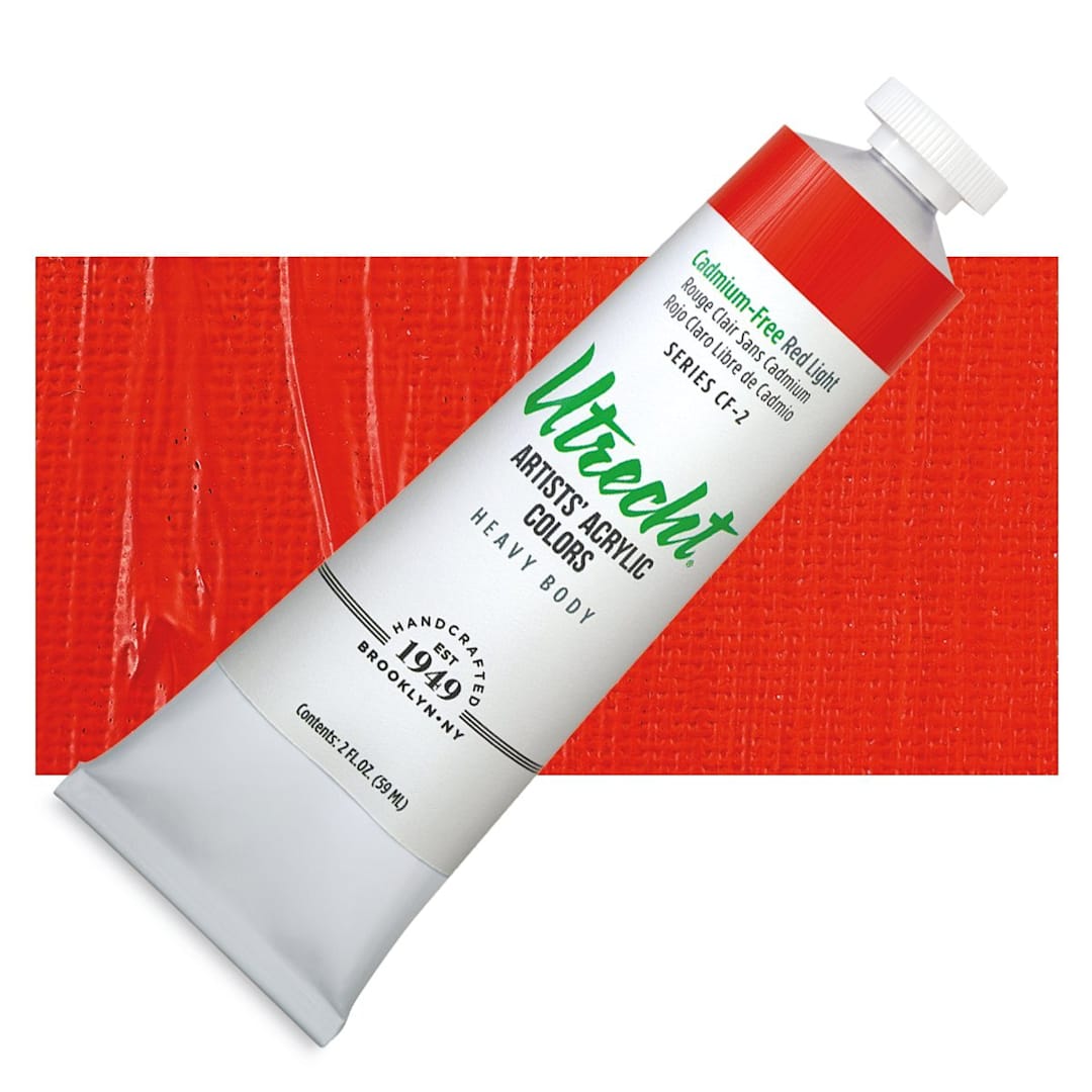 Open in modal - Utrecht Artists' Acrylic Paint - Cadmium-Free Red Light 20 oz tube and swatch