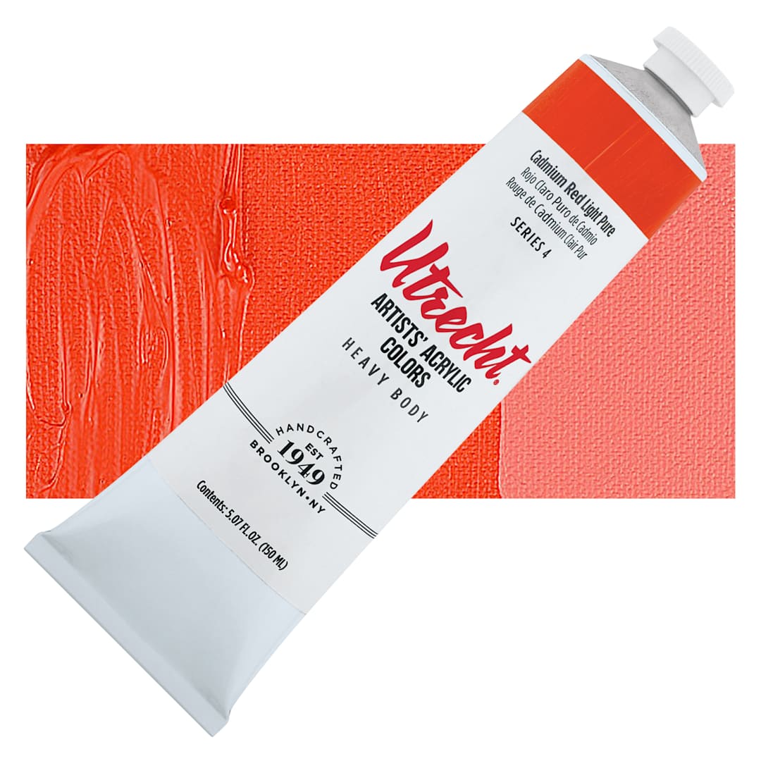 Open in modal - Utrecht Artists' Acrylic Paint - Cadmium Red Light Pure, 5 oz tube and swatch