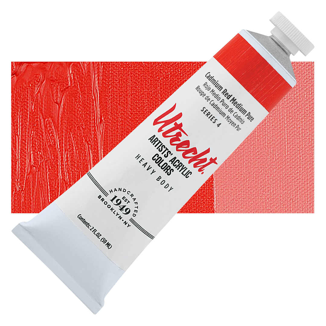Open in modal - Utrecht Artists' Acrylic Paint - Cadmium Red Medium Pure, 2 oz tube and swatch