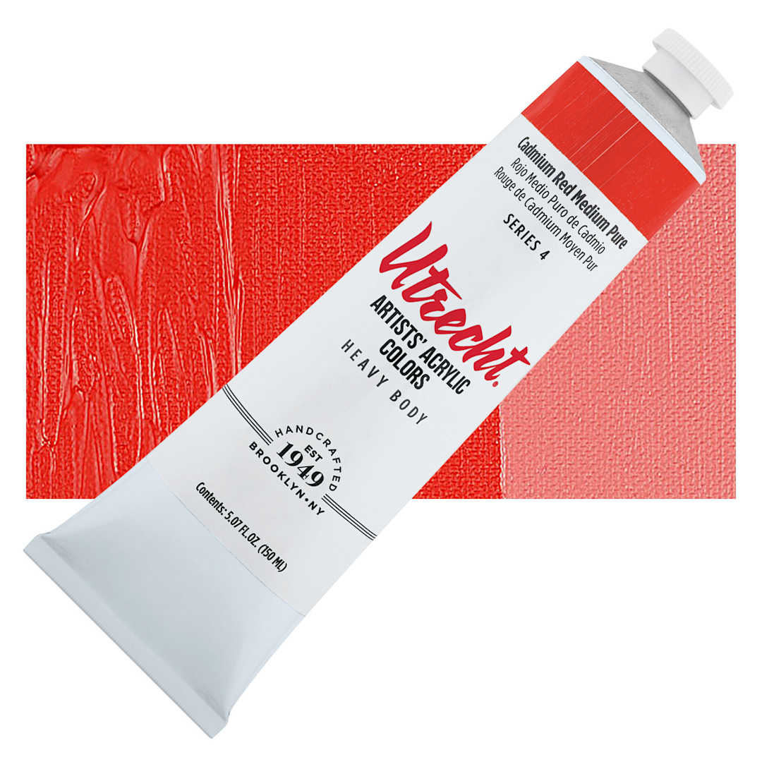 Open in modal - Utrecht Artists' Acrylic Paint - Cadmium Red Medium Pure, 5 oz tube and swatch